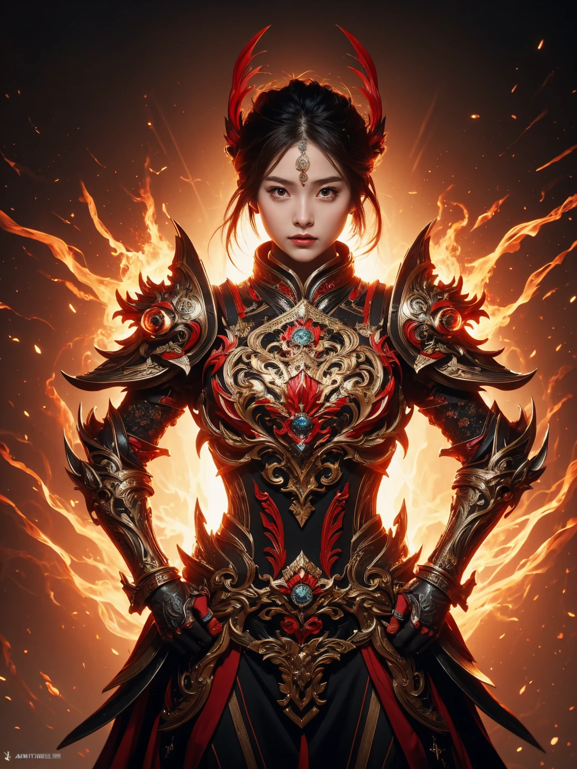 (masterpiece, top quality, best quality, official art, beautiful and aesthetic:1.2), (1girl),craft a Hyper-realistic portrayal of a futuristic (1girl1.2), Japanese character donned in intricate armor surrounded by captivating flames, an epic long (sword:1.2), Dynamic pose, Random pose, Dynamic angle, battle stance, Meticulous details capture the intense fusion of tradition and innovation in this visually stunning composition. Trending on Artstation.