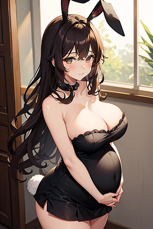 Sexy pregnant catgirl, cleavage, bunny ears, curly brown hair, tight strapless black dress, pregnant