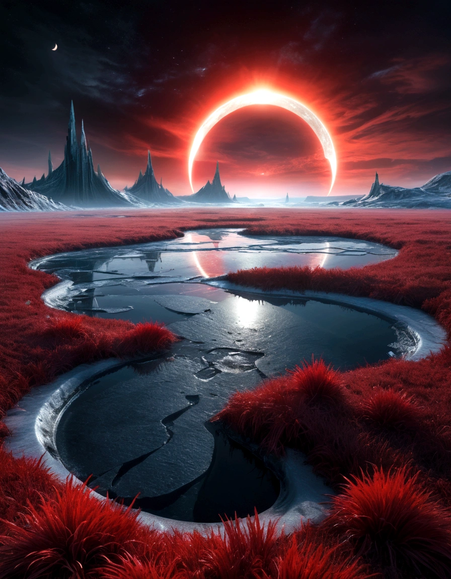 night, solar eclipse over epic ice wasteland with gloomy ice and red grass, in Giger style