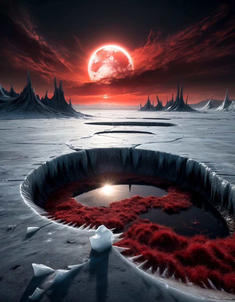 night, solar eclipse over epic ice wasteland with gloomy ice and red grass, in Giger style