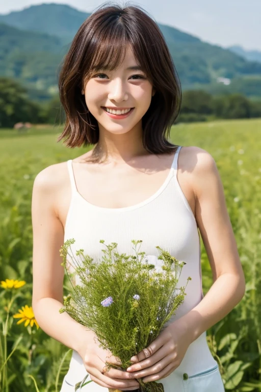 Beautiful fair-skinned woman with short black hair　Japanese　White tank top　smile　Picking wild plants in the fields　whole body