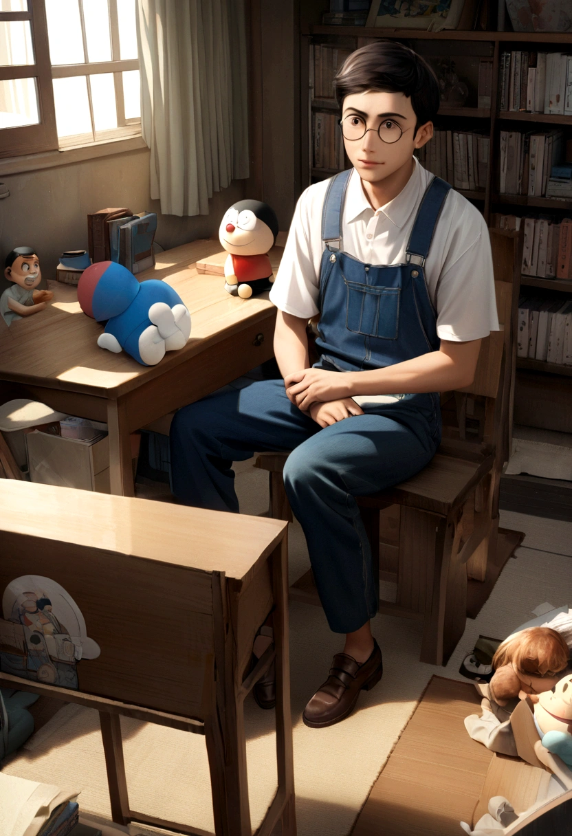 A high school boy、Sitting on a chair in a room with the characteristics of Nobita's room、Scenes of people sitting at their desks in ultra-high definition、Create it with ultra-realistic CG。The boy has slightly long black hair.、He wears round glasses、Japanese high school uniform(White shirt and navy blue trousers)I am wearing。He was holding tightly onto his stuffed Doraemon doll.、She has a sad smile。In the background、Bookshelves and desks in Nobita's room、Place distinctive items such as posters、Please express an overall warm and sad atmosphere.
