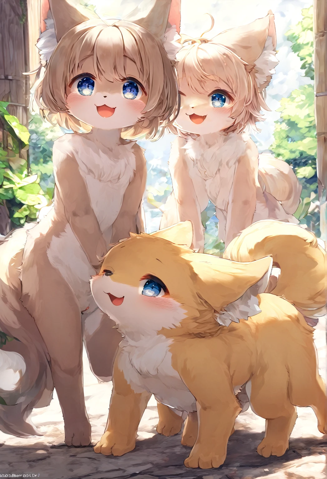 Ultra-high resolution, Detailed Background,  boy, girl, Happy, Joyful, (kemono, fur),　Naked　Naked　Completely naked　furに全身覆われている　Animal body types，　Adorable，Pure，　No shame　having mating，　Young，，Barely　Fully visible，foreskin，On all fours，quadruped，  female genitalia，Male and female，Do not draw hair.