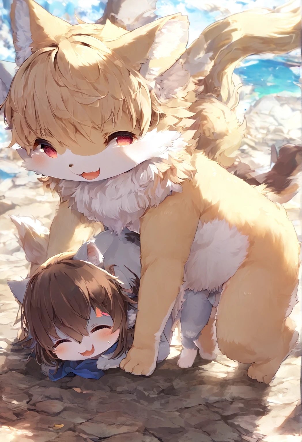 Ultra-high resolution, Detailed Background,  boy, girl, Happy, Joyful, (kemono, fur),　Naked　Naked　Completely naked　furに全身覆われている　Animal body types，　Adorable，Pure，　No shame　having mating，　Young，，Barely　Fully visible，foreskin，On all fours，quadruped，  female genitalia，Male and female，Do not draw hair.