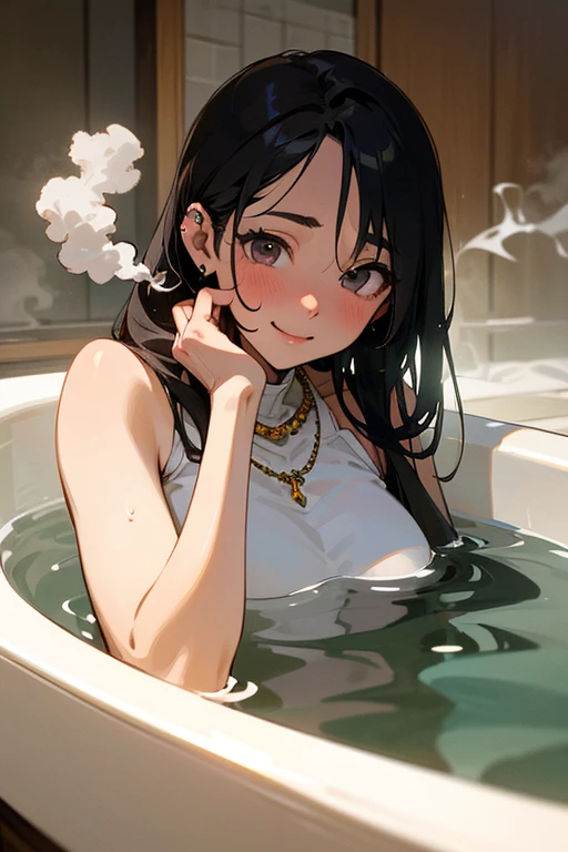 A hot spring resort in the mountains of Japan,beautiful mountain in background々,(Hot water smoke obstructing the view Water vapor rising from the bathtub:1.3),(Rock bath open-air bath:1.3),Blushing cheeks、shyly smile、(beautiful a girl)、Blush with embarrassment、Enraptured eyes、A smile that beguiles the viewer、skin glistening with sweat、a necklace、piercings、pointed red mouth,Perfect round face, ,Intricate details,Very delicate and beautiful hair,photos realistic,Dreamy,Professional Lighting,realistic shadow,Solo Focus,Beautiful hands,Beautiful fingers,Detailed finger features,Detailed arm functions,detailed clothes features,Detailed hair features,detailed facial features,(masutepiece,top-quality,Ultra-high resolution output image,) ,(The 8k quality,),(Image Mode Ultra HD,), massive lovely