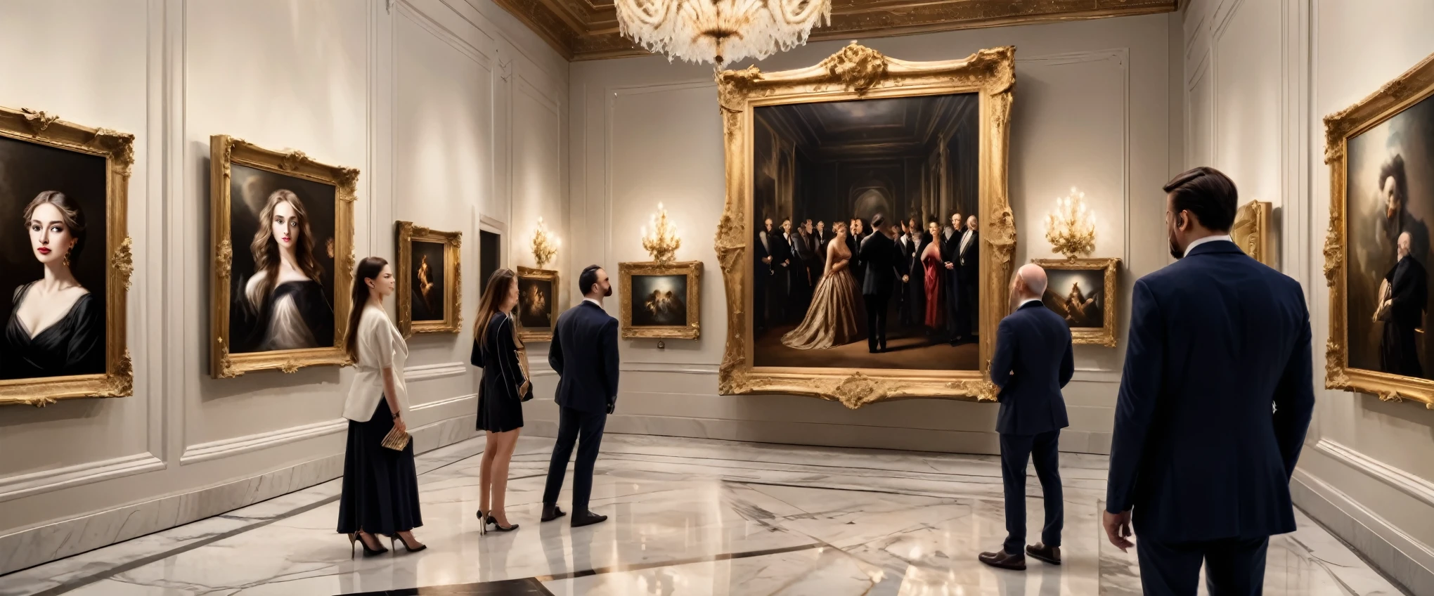 (high quality,8k,photorealistic,award winning photograph,five sophisticated art enthusiasts examining a large portrait painting in an elegant art gallery interior,museum lighting,luxurious gold frames,intricate details,elegant decor,marble floors,ornate moldings,dramatic chiaroscuro lighting,opulent ambiance,refined taste,connoisseurs,artworks,masterpiece,ultra detailed,hyperrealistic