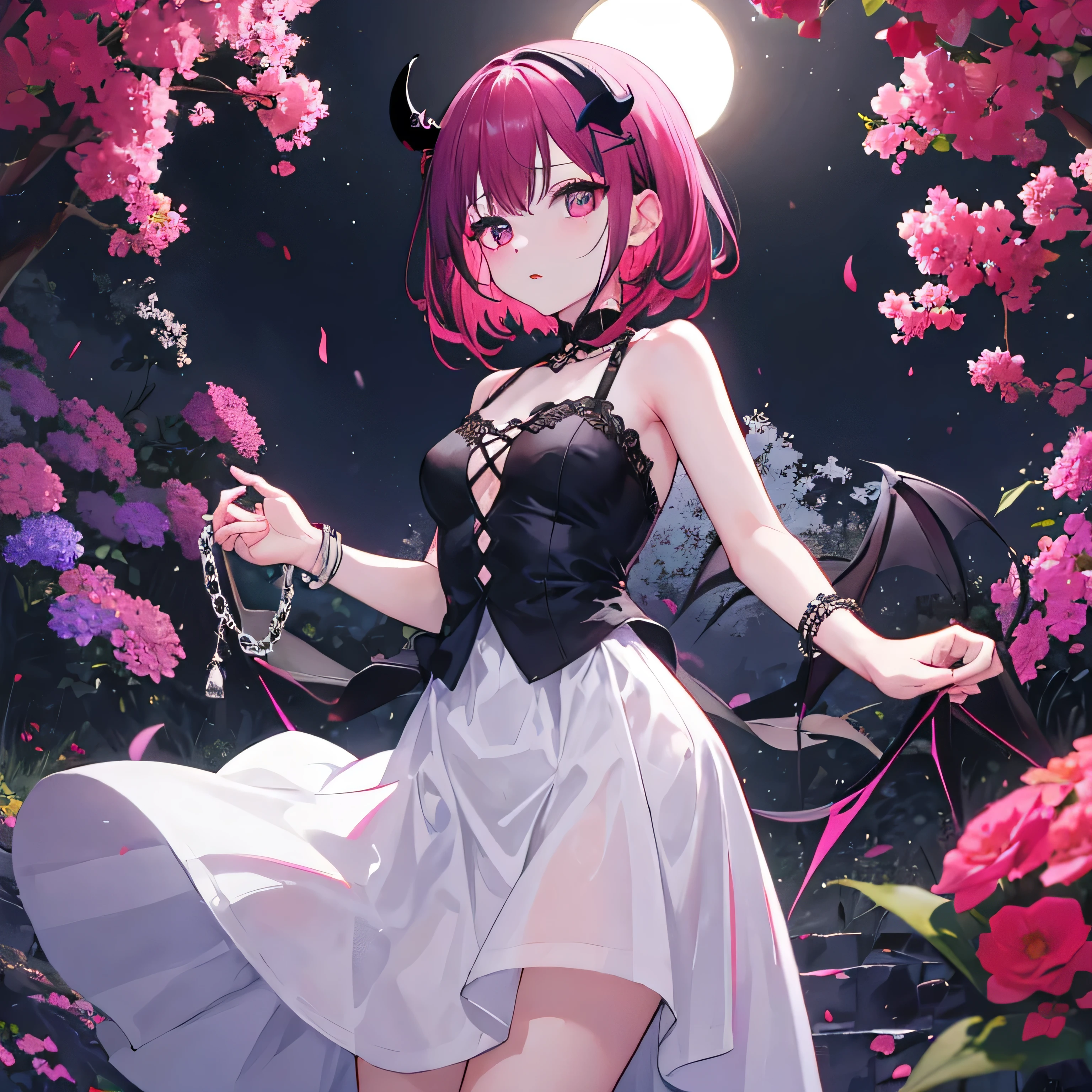 noche de lluvia Satanichia mcdowell vestida ropa negra y posando en un campo de flores de cerezos con sus
brazos cruzados
ojos magenta cabello rojo semi largo 
lentes de sol puesto en su cabeza
pulseras llamativas en su brazos 
