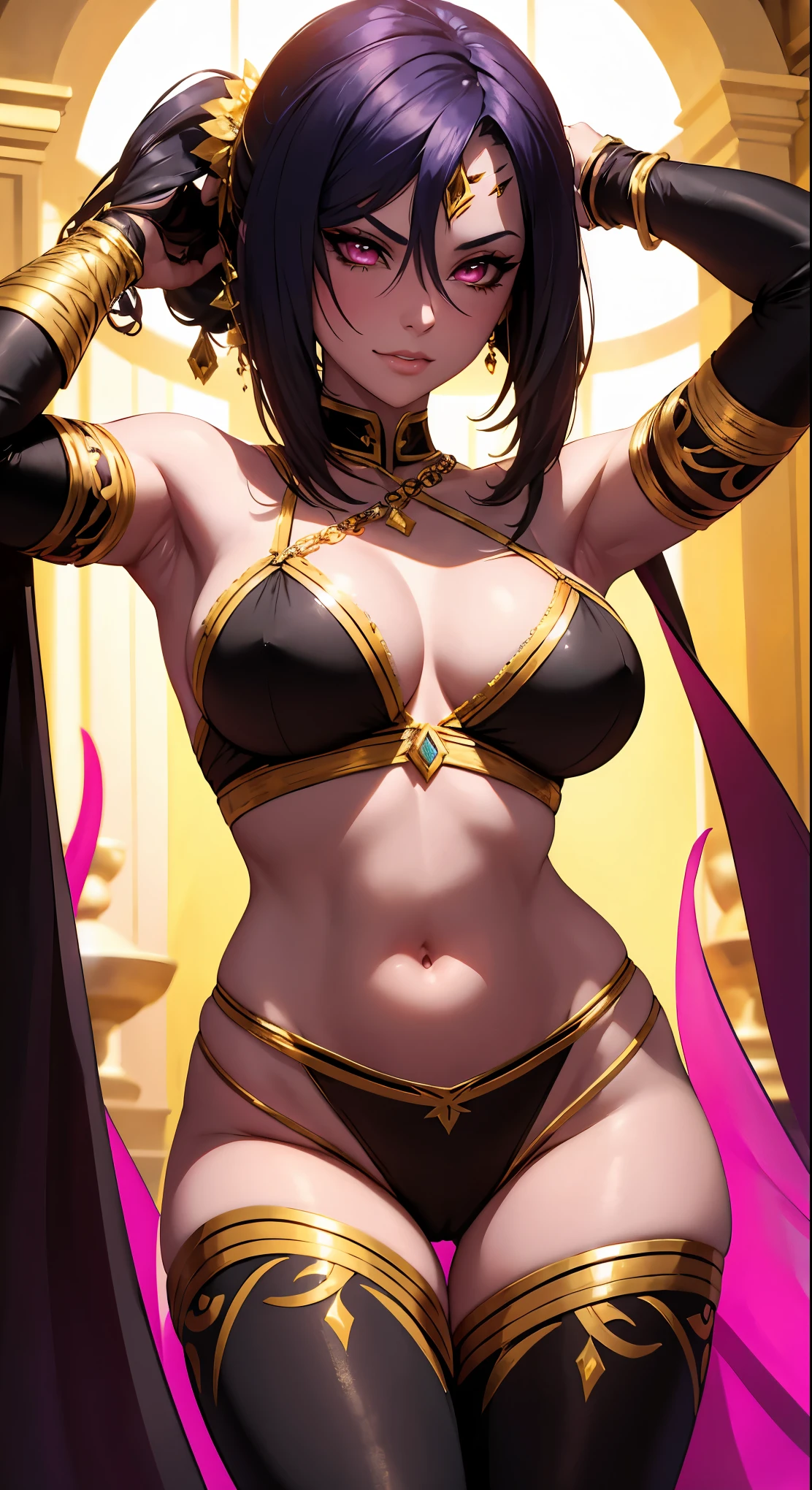 Create a realistic, vibrant and detailed 3D artwork of Mileena, the Empress of Outworld from Mortal Kombat, as a belly dancer. She should have a beautiful face with normal human eyes and Arabian eye makeup, wearing a magenta velvet-chiffon-silk-satin bra with gold coins trims and black leggings with gold hip chains. Accessorize her with gold jewelry, glowing wristbands, and ankle chains. She should dance with an Arabian Scimitar sword in an indoor palace