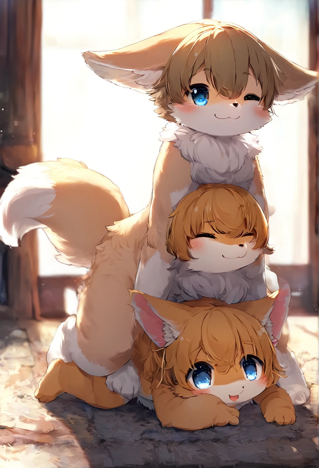 Ultra-high resolution, Detailed Background, boy, girl, Happy, Joyful, (kemono, fur), Naked Naked Completely naked furに全身覆われている Animal body types, Adorable,Pure, No shame having mating, Young,,Barely Fully visible,foreskin,On all fours,quadruped, female genitalia,Male and female,Do not draw hair.