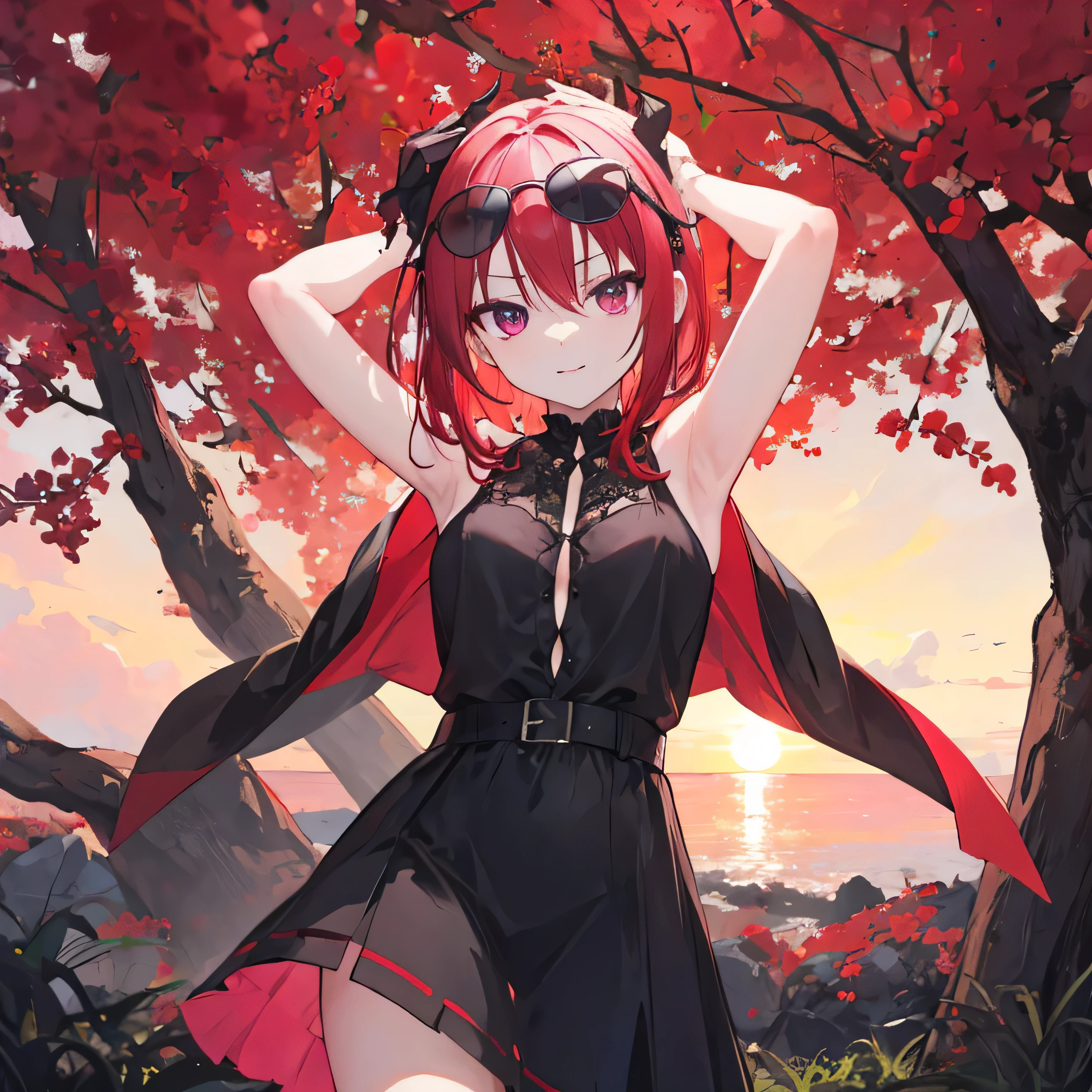 sunset Satanichia Mcdowell dressed in black clothes and posing in a crimson tree with her arms crossed magenta eyes semi long red hair sunglasses put on her head 