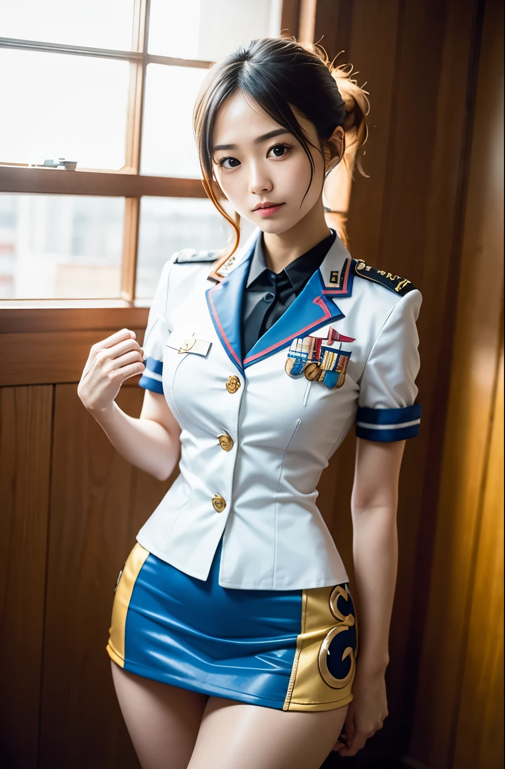 Actual Photos、Highest imYear quality、Realistic、Beautiful woman、白いpantiesとBeautiful thighs、Beautiful Face、real imYear、Federal Army Uniform Miniskirt、panties、ponytail、Yuriko Yoshitaka、16Year日本人女性、Zuo々Ki Nozomi:1.4、pretty girl、ピンクのpantiesーが見える、16Year、(白いpantiesー:1.3)、Ultra mini skirt、Beautiful thighs、ピンクのpantiesー、赤いミニスカートがめくれてピンクのpantiesーが見えてる