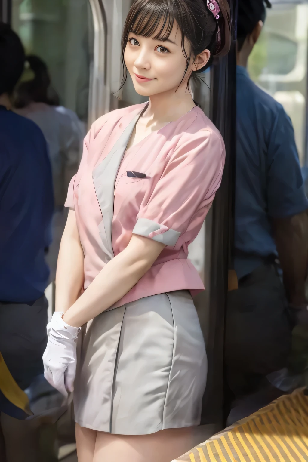 (masterpiece:1.2, highest quality:1.2), 32K HDR, High resolution, (alone、1 girl)、 (Height: 160cm)、(On the rooftop of a building in the daytime、Professional Lighting)、Building rooftop background、(Nankai train crew uniform pinkを着たリアルスタイル)、(Nankai train crew uniform pink short sleeve collarless pink jacket、Nankai Train Crew Uniform Pink Collarless Short Sleeve Blouse、Nankai Train Crew Uniform Pink Grey Knee-length Culottes)、Dark brown hair、(Hair tied up、Hair tied up、Evening curly hairstyle)、Dark brown hair、Long Shot、Big Breasts、Thin legs、((Great hands:2.0)),((Harmonious body proportions:1.5)),((Normal limbs:2.0)),((Normal finger:2.0)),((Delicate eyes:2.0)),((Normal eyes:2.0)))、smile、(Nankai Train Crew Uniform Pink Grey Knee-length Culottesを見せた美しい歩く姿)、Place your hands around your stomach、Lanyard employee ID card