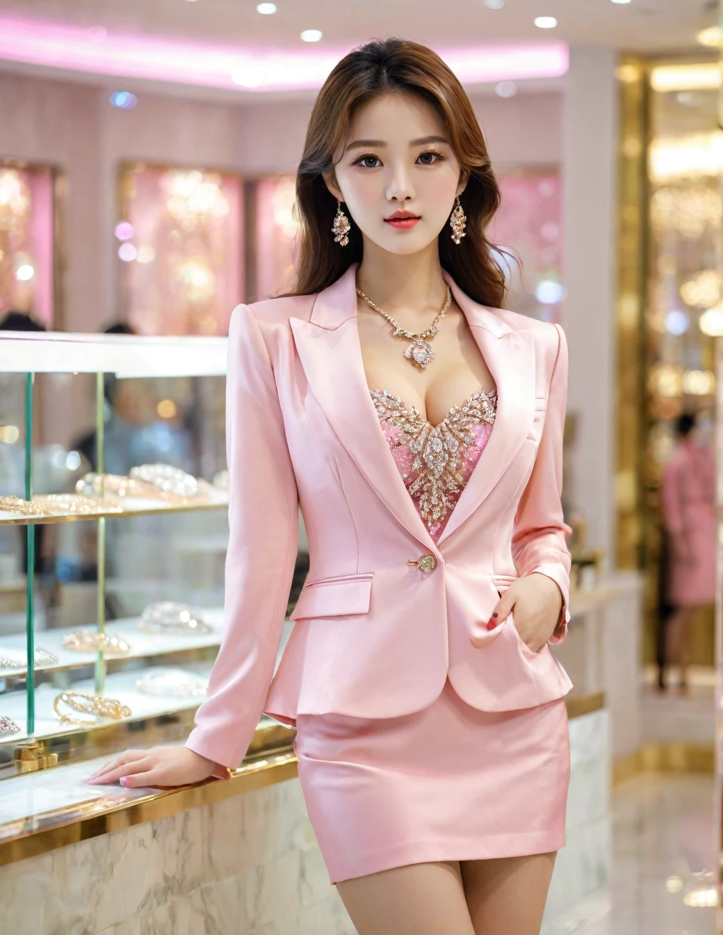 Full body of beautiful korean female, 31 inch breasts size, Height 172 cm, wearing pink suit, ,and short skirt, in luxury dimoud jewelry shop, bokeh background, UHD