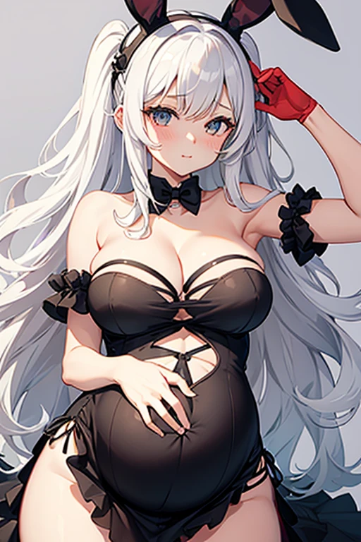 Sexy pregnant catgirl, cleavage, bunny ears, curly white hair, tight strapless black dress, pregnant
