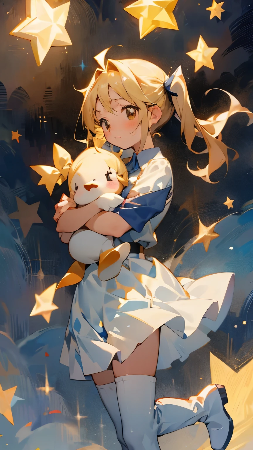 ****************、One girl,Hug a stuffed animal、白いHug a stuffed animal、Expressionless、Fantastic look、Fairy, Pointed Ears, masterpiece, highest quality, High resolution, Lucy Heartfilia, Lucy Heartfilia, One girl, alone, Blonde Hair, Brown eyes, Long Hair, Side Ponytail, Hair Ribbon, Big Breasts, Earrings, Thigh-high boots, Blue Shirt, No sleeve, White Skirt, Dark Background, starlight, star,starをすくう、手のひらでstarを救い上げる