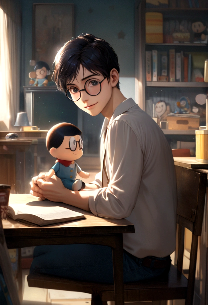 A high school boy、Sitting on a chair in a room with the characteristics of Nobita's room、Scenes of people sitting at their desks in ultra-high definition、Create it with ultra-realistic CG。The boy has slightly long black hair.、He wears round glasses、Japanese high school uniform(White shirt and navy blue trousers)I am wearing。He was holding tightly onto his stuffed Doraemon doll.、Looking straight ahead with a sad smile。In the background、Bookshelves and desks in Nobita's room、Place distinctive items such as posters、Please express an overall warm and sad atmosphere.