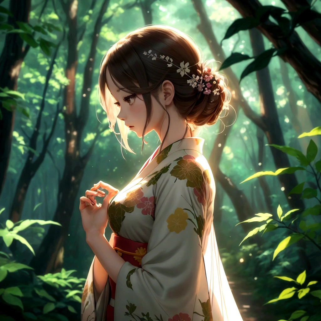 anime girl in a kimono dress in a forest with trees, detailed digital anime art, beautiful anime portrait, anime art wallpaper 4k, anime art wallpaper 4 k, digital anime art, beautiful digital artwork, digital anime illustration, anime art wallpaper 8 k, beautiful anime artwork, anime style 4 k, beautiful anime art, 8k stunning artwork, beautiful digital illustration