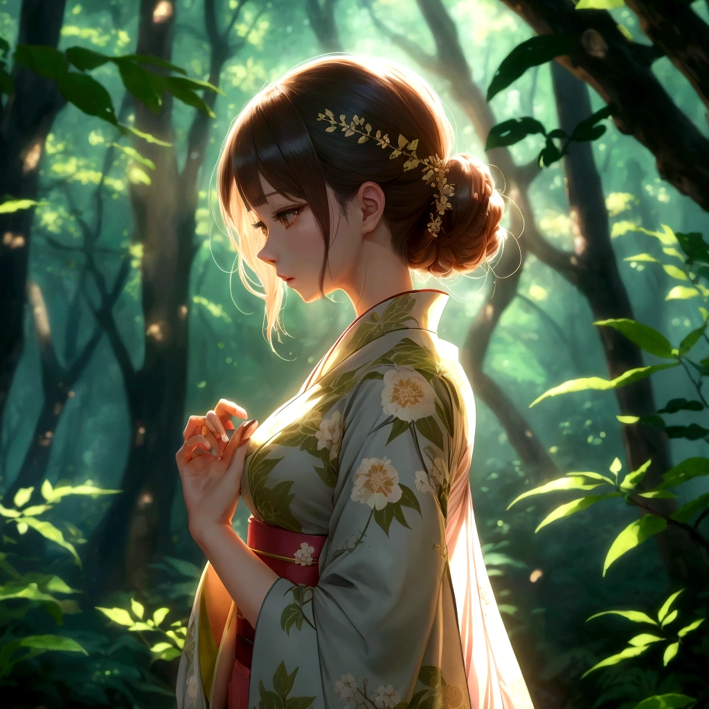 anime girl in a kimono dress in a forest with trees, detailed digital anime art, beautiful anime portrait, anime art wallpaper 4k, anime art wallpaper 4 k, digital anime art, beautiful digital artwork, digital anime illustration, anime art wallpaper 8 k, beautiful anime artwork, anime style 4 k, beautiful anime art, 8k stunning artwork, beautiful digital illustration