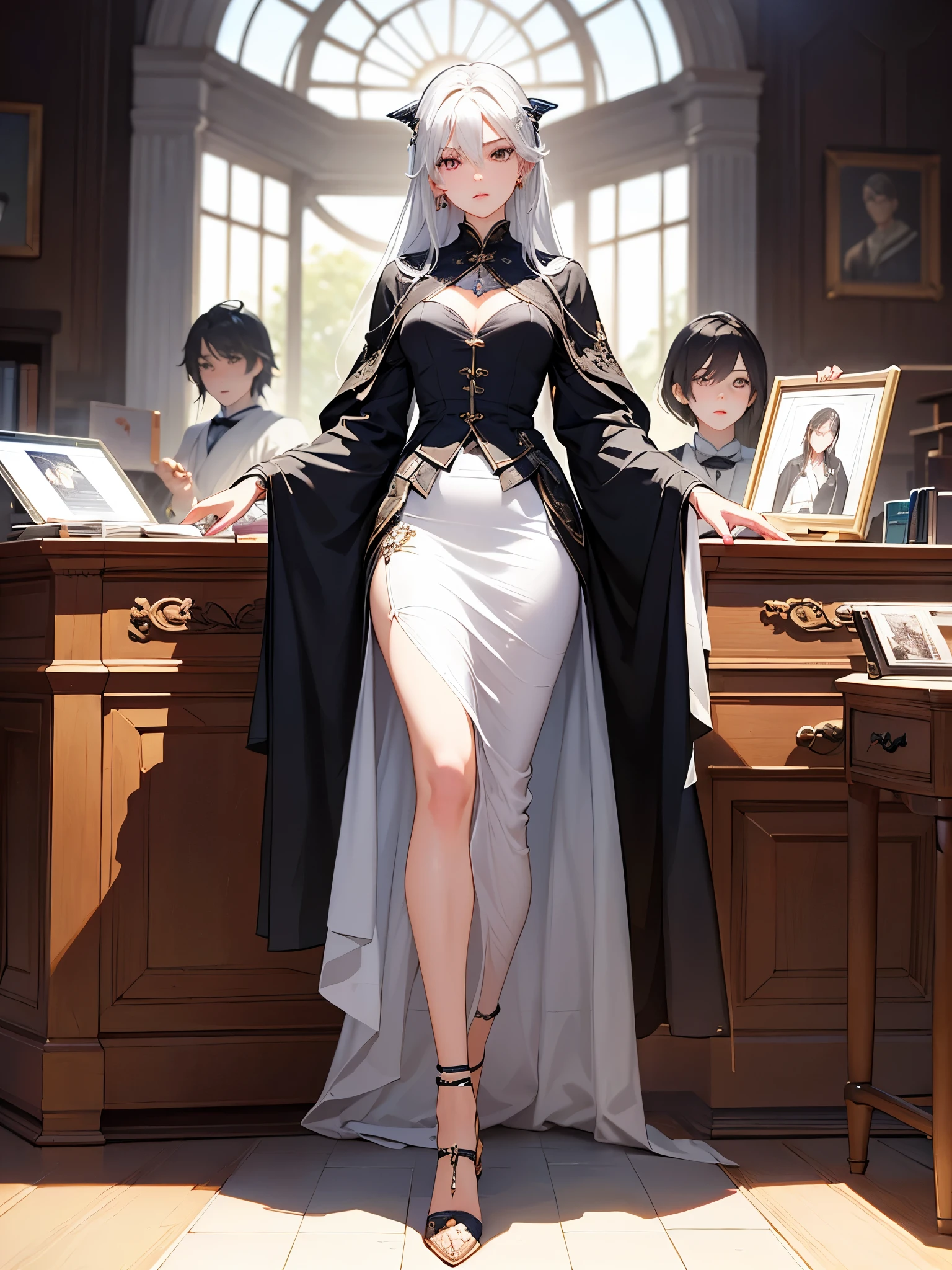 ((Biologically correct limb count))、(( Illustrations including faces))、4K、Masterpiece、((Focus on the face))、((Symmetrical, well-proportioned facial features))、Eyes with delicate depictions、Beautiful woman、Outstanding style、Slender Body、(suit、High heels、((skirt)))、(Looking up)、((Realistic photo))、（The background is the office、computer）、Look Up、Photo with white border、koue