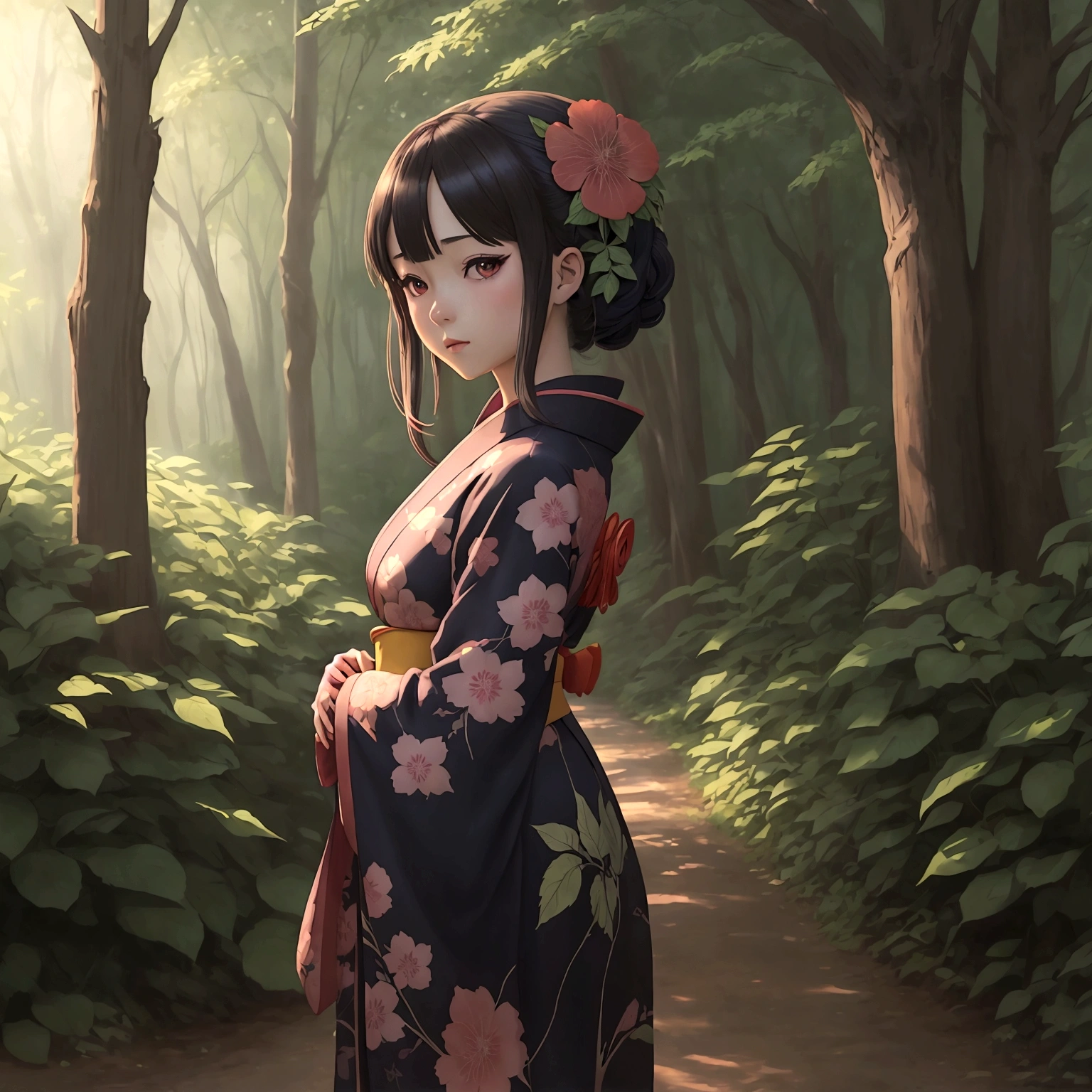 anime girl in a kimono dress in a forest with trees, detailed digital anime art, beautiful anime portrait, anime art wallpaper 4k, anime art wallpaper 4 k, digital anime art, beautiful digital artwork, digital anime illustration, anime art wallpaper 8 k, beautiful anime artwork, anime style 4 k, beautiful anime art, 8k stunning artwork, beautiful digital illustration