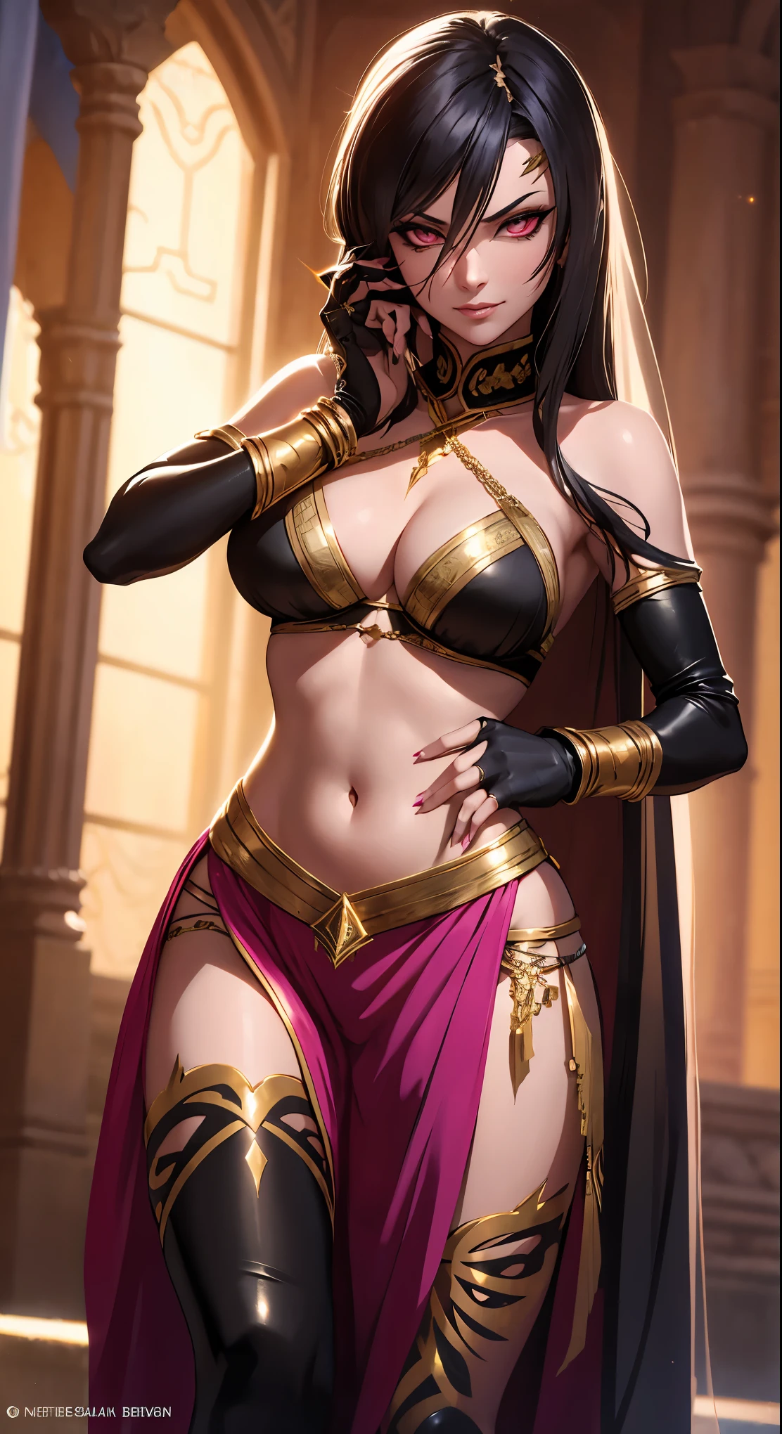 Create a realistic, vibrant and detailed 3D artwork of Mileena, the Empress of Outworld from Mortal Kombat, as a belly dancer. She should have a beautiful face with normal human eyes and Arabian eye makeup, wearing a magenta velvet-chiffon-silk-satin bra with gold coins trims and black leggings with gold hip chains. Accessorize her with gold jewelry, glowing wristbands, and ankle chains. She should dance with an Arabian Scimitar sword in an indoor palace