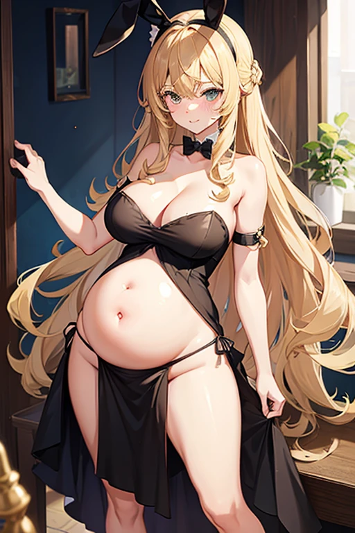 Sexy pregnant catgirl, cleavage, bunny ears, curly blonde hair, tight strapless black dress, pregnant