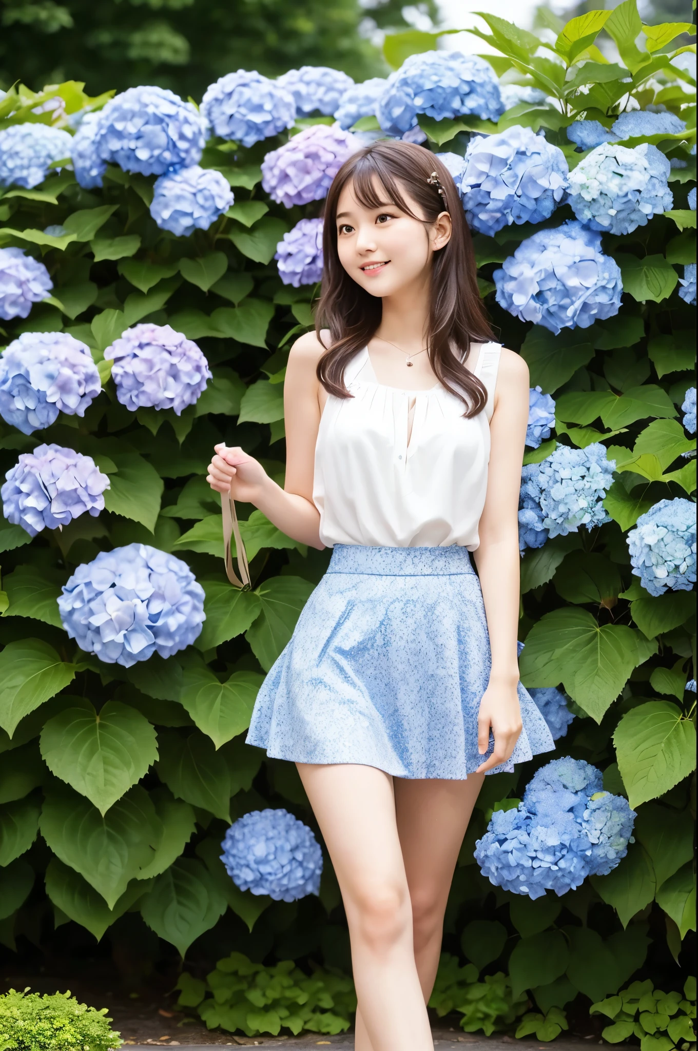 A cute 20-year-old girl standing in a park with hydrangeas in bloom(mini skirt)