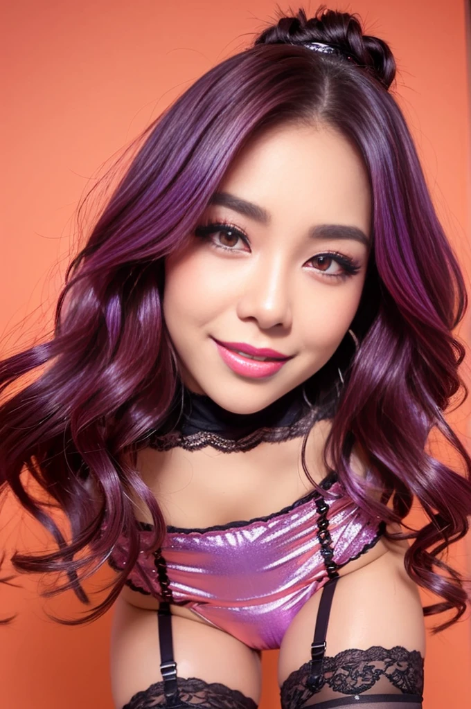 ultra realistic girl, smiling face, orange and pink ombre background, closeup, lip-gloss, long lashes, lipstick, defined eyebrows, ultra detailed metallic eye-makeup, halloween, goth, gyaru, purple flowing hair, garter belt, cute lack lace underwear, sweet and sexy, seductive pose
