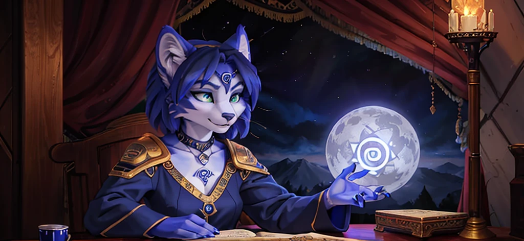 A beautiful and detailed (sweet portrait) von ((Krystal)), Sternenfuchs Krystal, Schlank, liebenswert, green eyes, medium breasts, (((Lange blaue Haare 1.3))), ((schwarze haarspitzen)), Dekollete, Grinsen, hoch schauen,, anthro, Pelzig, Hochgeladen E621, detailed flauschige fur, (von Fluff-Kevlar, Bayard Wu, Personalami, Pino Daeni), detailliertes Gesicht, (flauschige), 1 girl, Allein, Stammes-Kleidung, sweet girl, solo, wears a mages robe