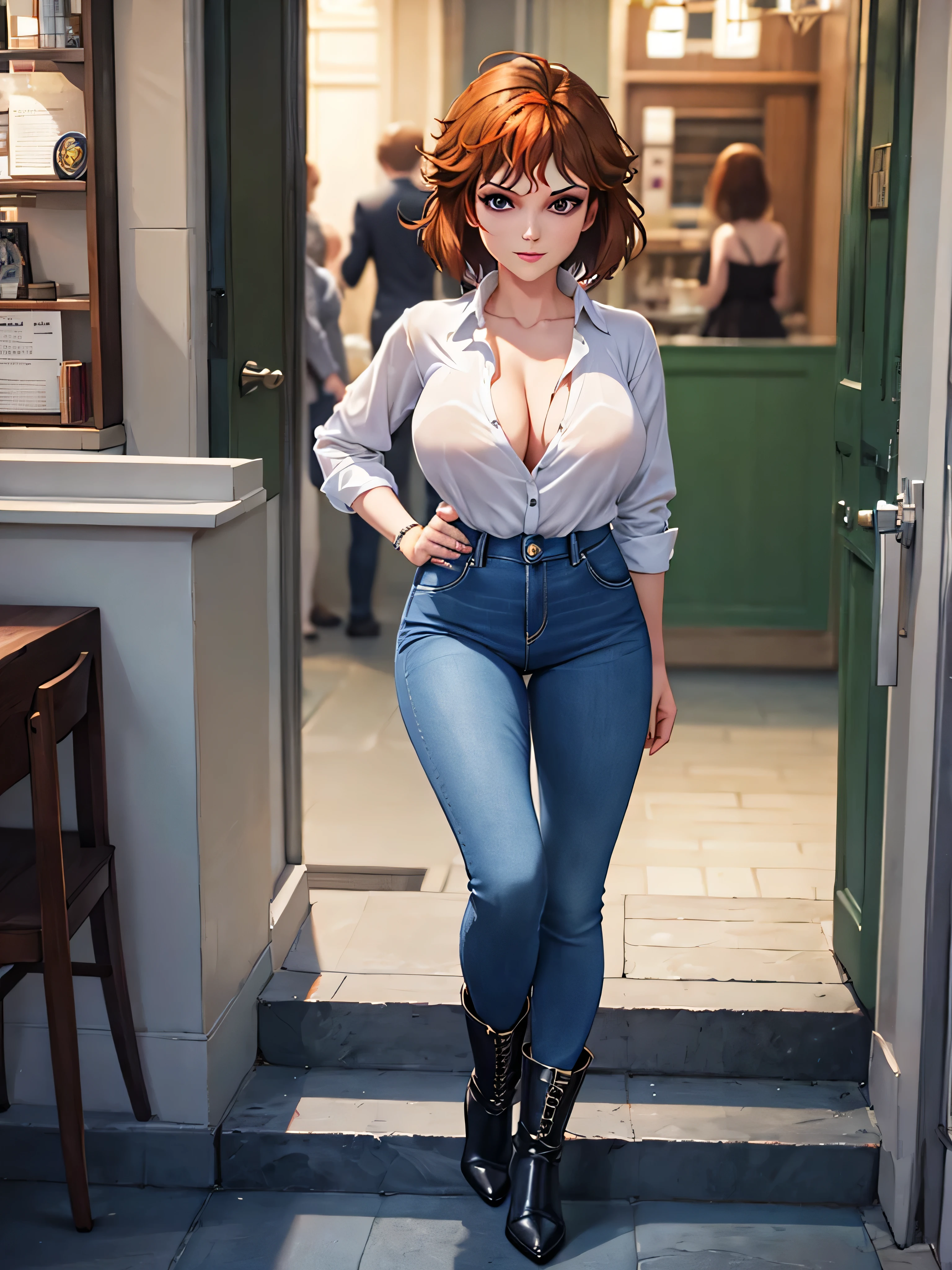 merula, full body, open blouse, thighs, high boots high heels, solo, nude tits, blue jeans