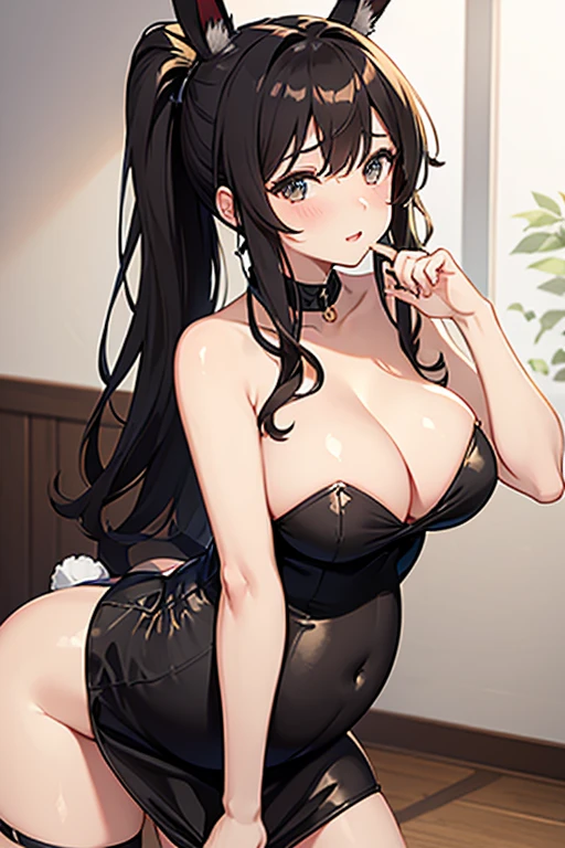 Sexy pregnant catgirl, cleavage, bunny ears, curly brunette ponytail, tight strapless black dress, pregnant