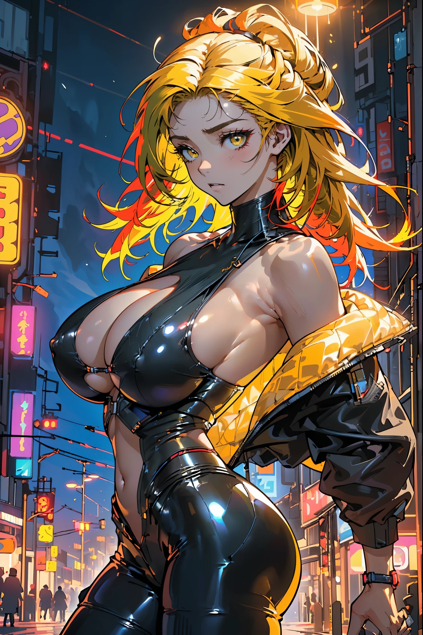 Highest quality))、((masterpiece)、cyberpunk、Big Ass、kneel、Electronic goggles are mounted on the face of a -yeld giThe focus is on the buttocks、Red latex body,Cyberpunk mode、Strike sexy poses、(Lower body clothing、(Yellow hair:1.4),Breast enlargement、Neon lights in dark city at night,Unreal Engine:1.4,Ultra HD,La best quality:1.4, Realistic:1.4, Texture:1.4, masterpiece:1.8,masterpiece, best quality,（Beautiful and detailed description of the eyes）huge , Crazy breast swelling, Chest larger than shoulder blades, Big breasts and thin waist，(huge breasts:1.2)，Hydrated skin（（rogue））（（非常huge乳房）），（（Grooves reveal original skin）)