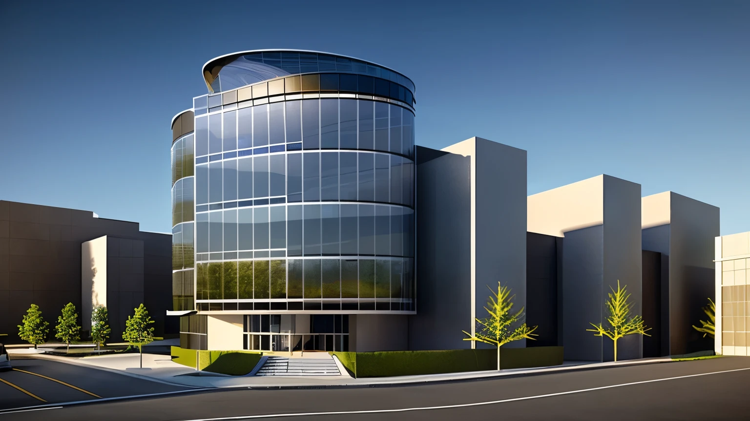 arafed view of a modern building with a curved glass facade, sharp hq rendering, medical research facility, architectural rendering, artstation hq”, precise architectural rendering, office building, architectural render, architectural 3 d render, a photorealistic rendering, render in vray, architecture render ”, architecture render, realistic building, artstation hq, wide angle exterior 2022