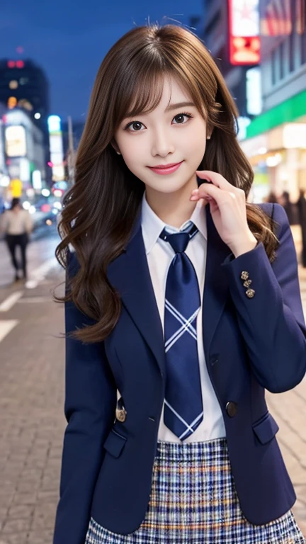 highest quality、8k wallpaper、Reality:1.4、Cinema Lighting、View your viewers、background:City street corner、1 beautiful girl、Japanese Idol、23 years old、Beautifully detailed eyes、Detailed face、Beautiful Skin、Slender、Slim waist、Thin legs、Light Hair、Blonde:1.5、Random fancy hairstyles、Checked mini skirt、White blouse、Navy blue jacket、Checked tie、smile:1.5、Seductive pose