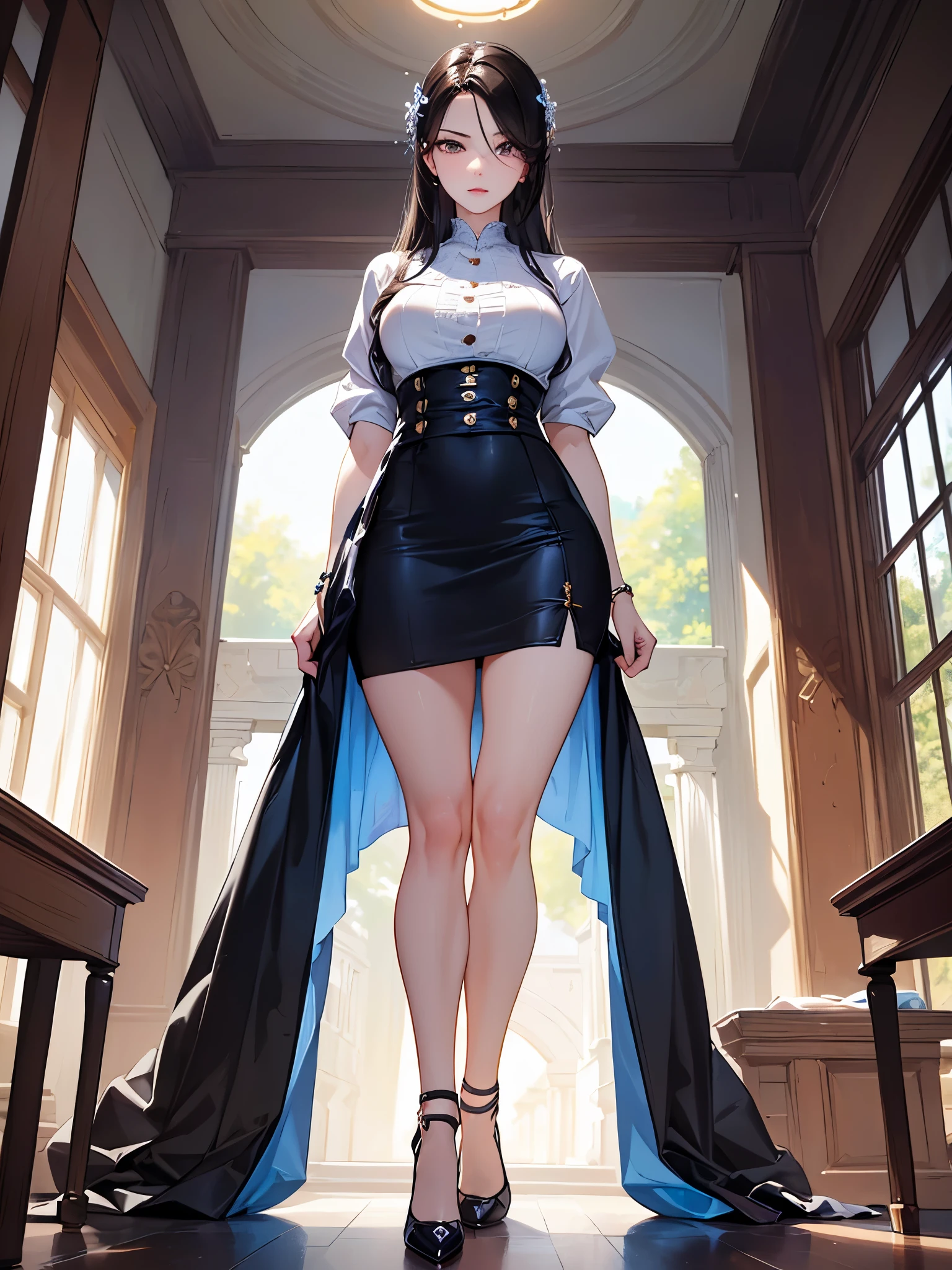 ((Biologically correct limb count))、(( Illustrations including faces))、4K、Masterpiece、((Focus on the face))、((Symmetrical, well-proportioned facial features))、Eyes with delicate depictions、Beautiful woman、Outstanding style、Slender Body、(suit、High heels、((skirt)))、(Looking up)、((Realistic photo))、(The background is the office、computer)、Look Up、Photo with white border、koue