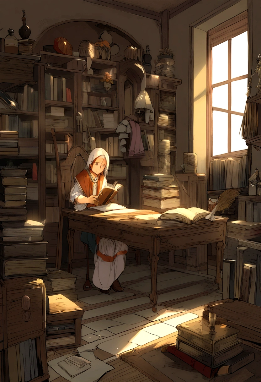 Interior de casa antigua de piedra estilo anime con artilugios de magia estanterias con libros pociones etc