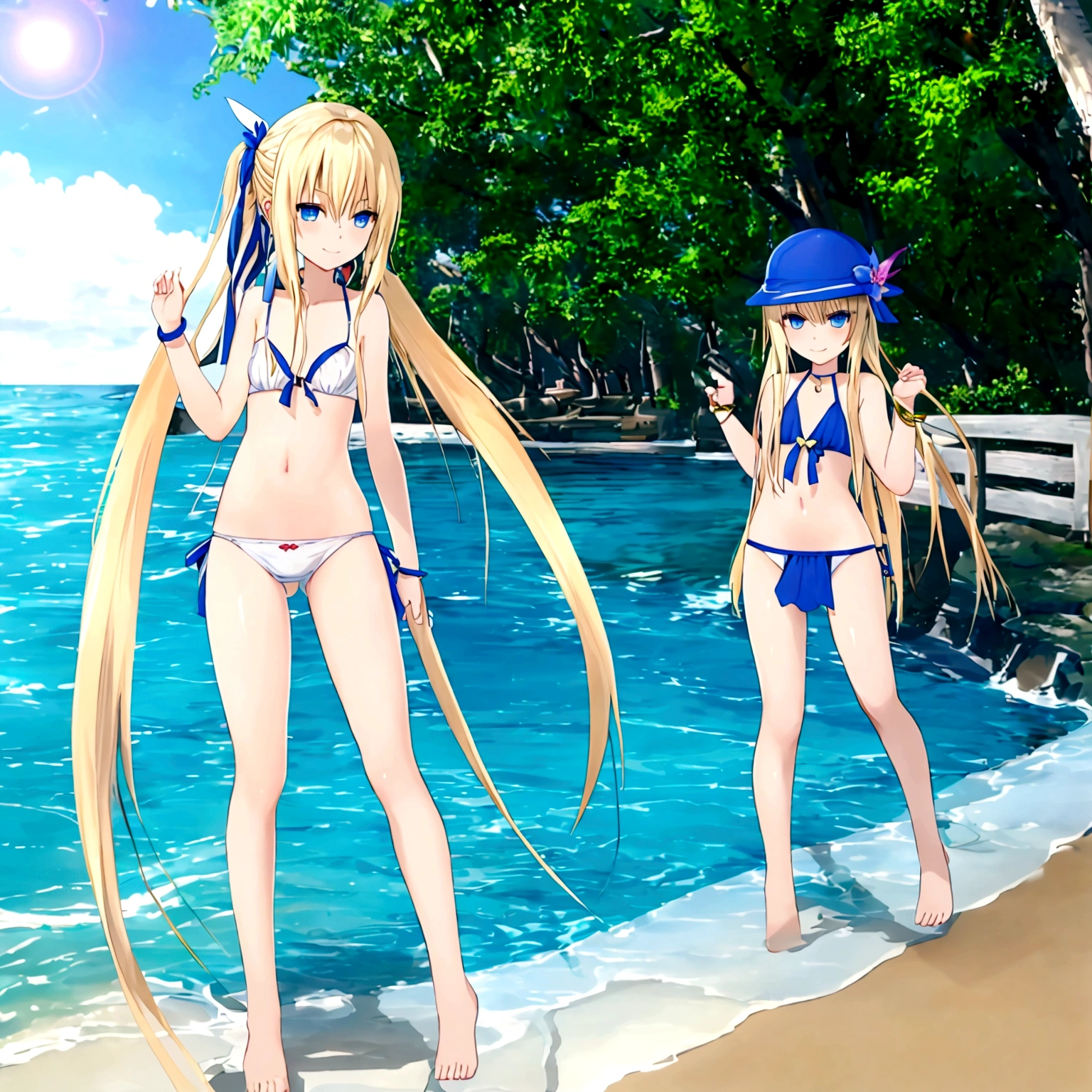 2位Very漂亮的瑞典18 歲漂亮的女孩、 white blond hair、 （（ Sexy and gorgeous transparent underwear and panties））、(Colorful transparent underwear and panties) 、Very、 shiny skin、 white skinned、 a smile、 beautiful bangs、 long and straight、 2位絲般美麗的white blond hair女郎、 shiny hair、 Extra long, super straight and flowing hair、 Eyeliner、 a small face、 Extra large firm breasts、 crystal clear ocean blue eyes、 shining with beautiful light、 Earrings, pendants, headwear and bracelets hanging from the ears、beautiful and smart girl、 Playing in the water at the outdoor beach and taking a full body photo of two people、 Looking to the future