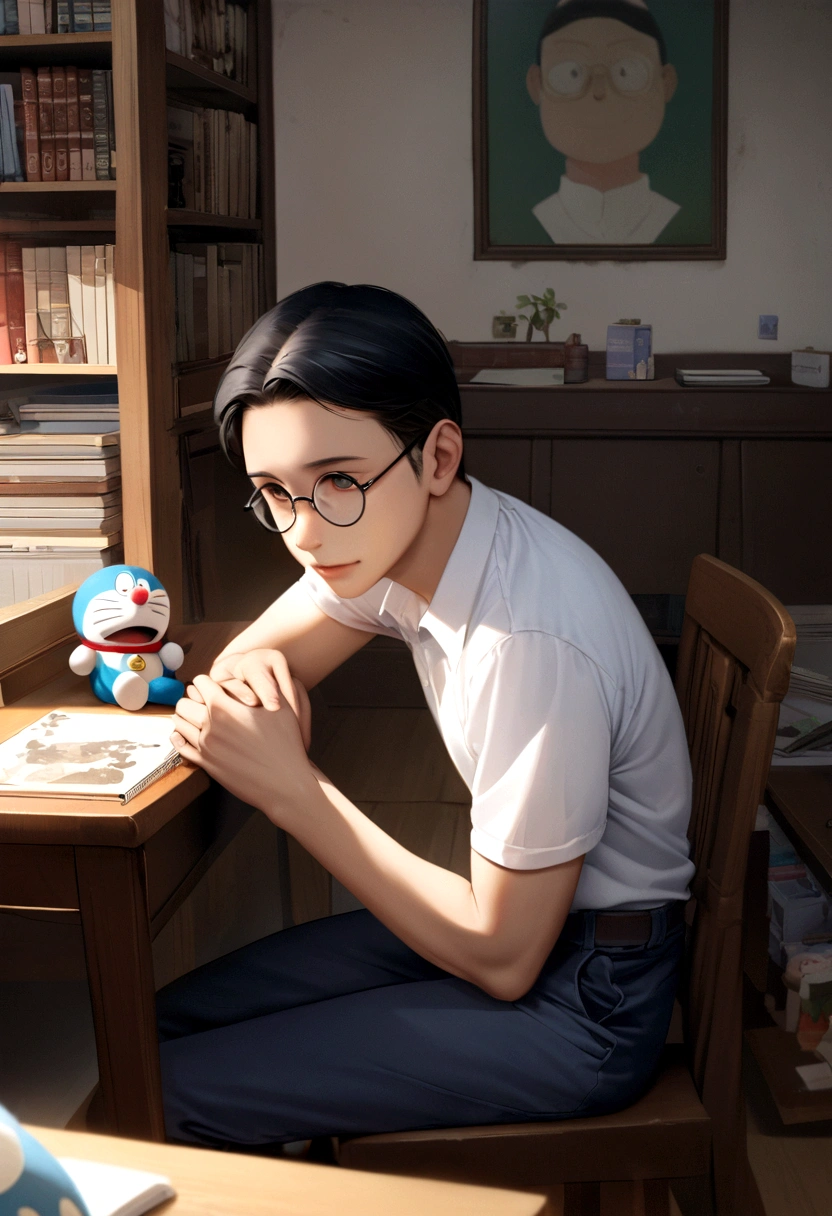 A high school boy、Sitting on a chair in a room with the characteristics of Nobita's room、Scenes of people sitting at their desks in ultra-high definition、Create it with ultra-realistic CG。The boy has slightly long black hair.、He wears round glasses、Japanese high school uniform(White shirt and navy blue trousers)I am wearing。He was holding tightly onto his stuffed Doraemon doll.、Looking straight ahead with a sad smile。In the background、Bookshelves and desks in Nobita's room、Place distinctive items such as posters、Please express an overall warm and sad atmosphere.