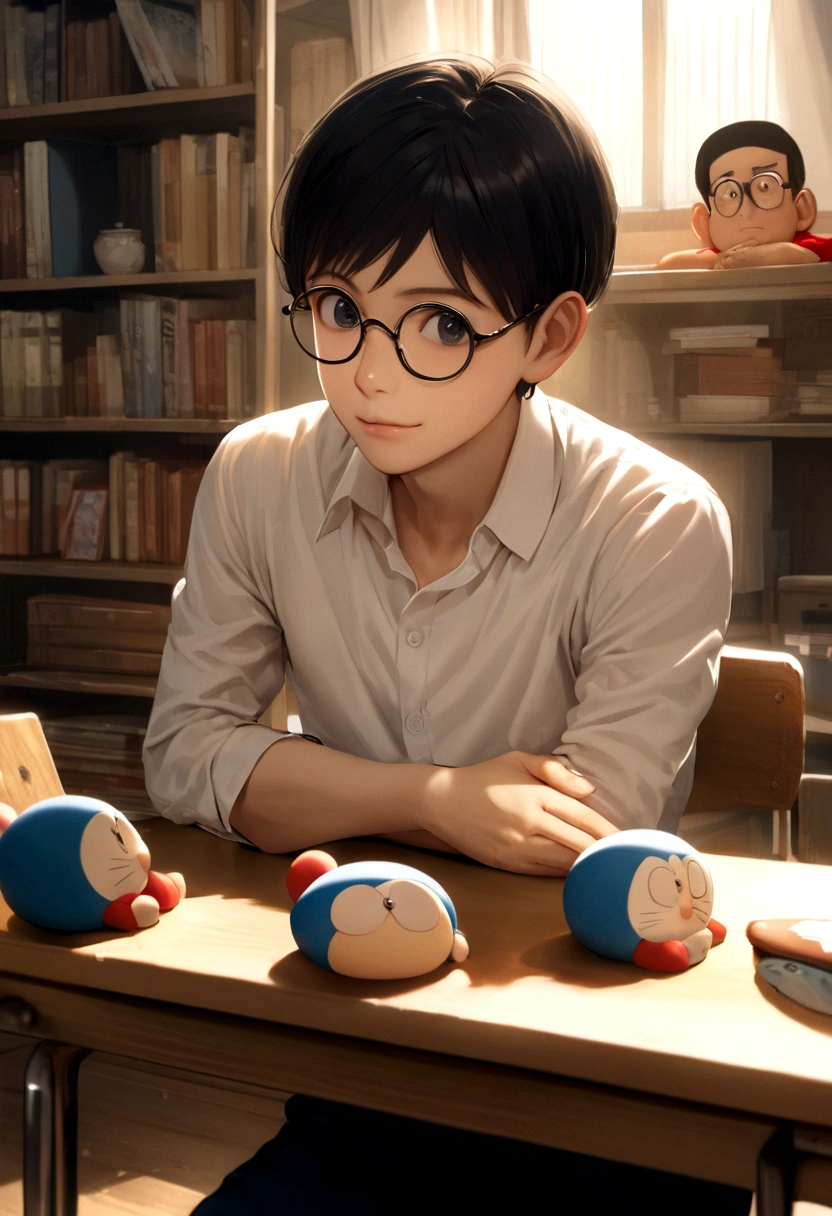 A high school boy、Sitting on a chair in a room with the characteristics of Nobita's room、Scenes of people sitting at their desks in ultra-high definition、Create it with ultra-realistic CG。The boy has slightly long black hair.、He wears round glasses、Japanese high school uniform(White shirt and navy blue trousers)I am wearing。He was holding tightly onto his stuffed Doraemon doll.、Looking straight ahead with a sad smile。In the background、Bookshelves and desks in Nobita's room、Place distinctive items such as posters、Please express an overall warm and sad atmosphere.