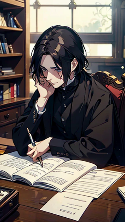 Severus snape, sitting at desk, writing on paper, open books on desk, looking at viewer, annoyed look, handsome, slight blush, potion bottles in background