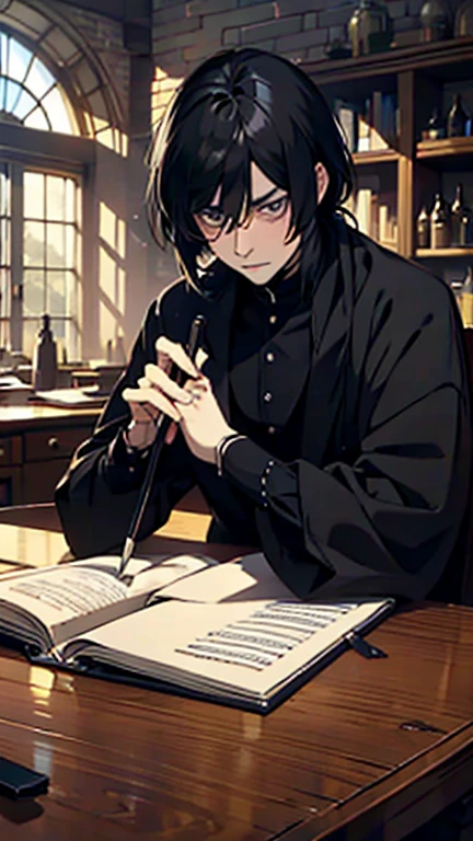 Severus snape, sitting at desk, writing on paper, open books on desk, looking at viewer, annoyed look, handsome, slight blush, potion bottles in background