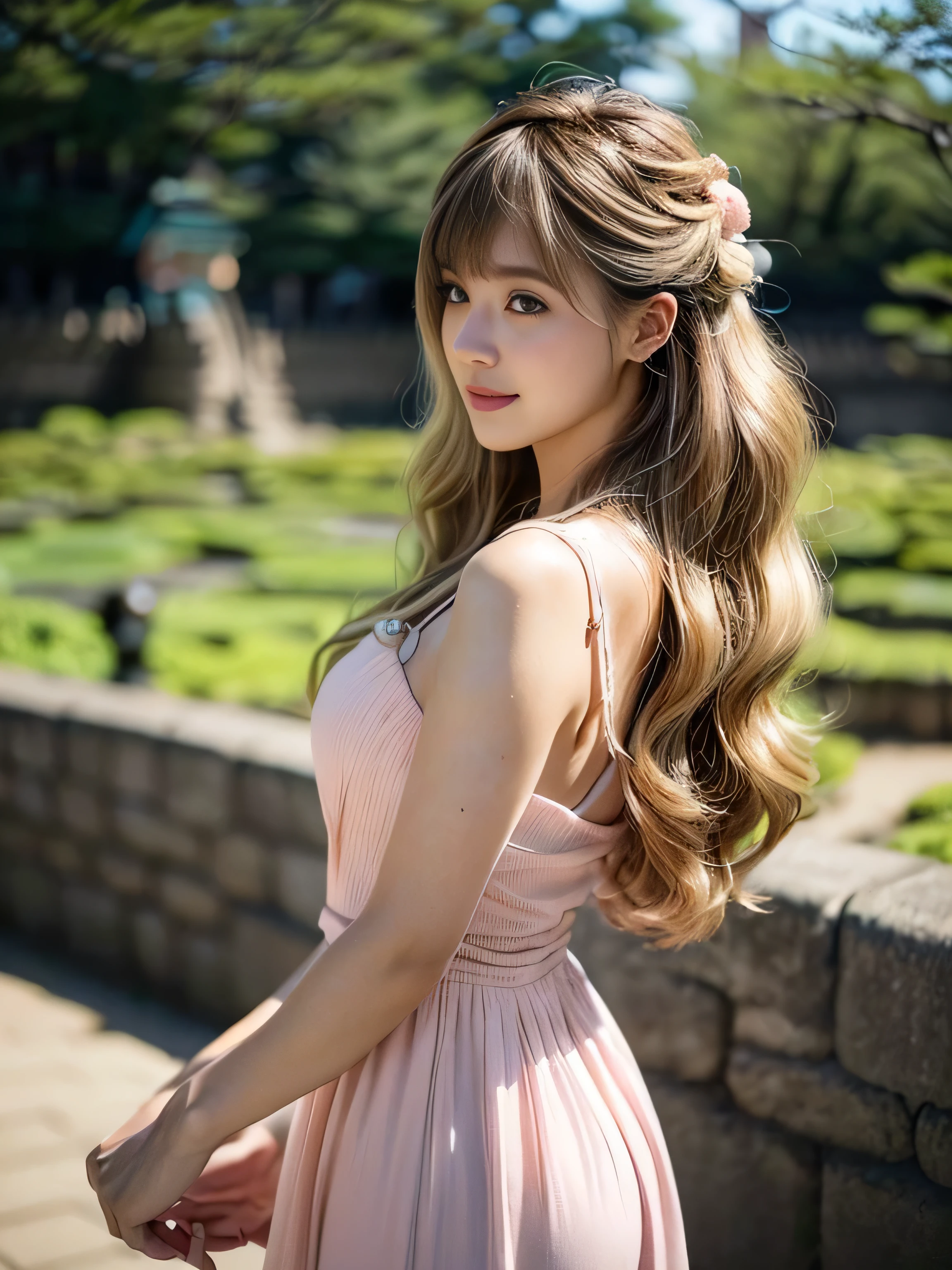 19 years old child, (wearing a light pink dress:1.3), big round breast, Show your thighs, (Osaka castle garden:1.4), ((updo hairstyle, Dark blonde hair, wavy hair, long hair, asymmetric bangs:1.2)), (photorealistic:1.2), (ultra realistic:1.3), (very detailed:1.1), ((masterpiece)), (Hand Details:1.4), (excited:1.3), (background is Osaka Castle:1.3), depth of field, first person view.