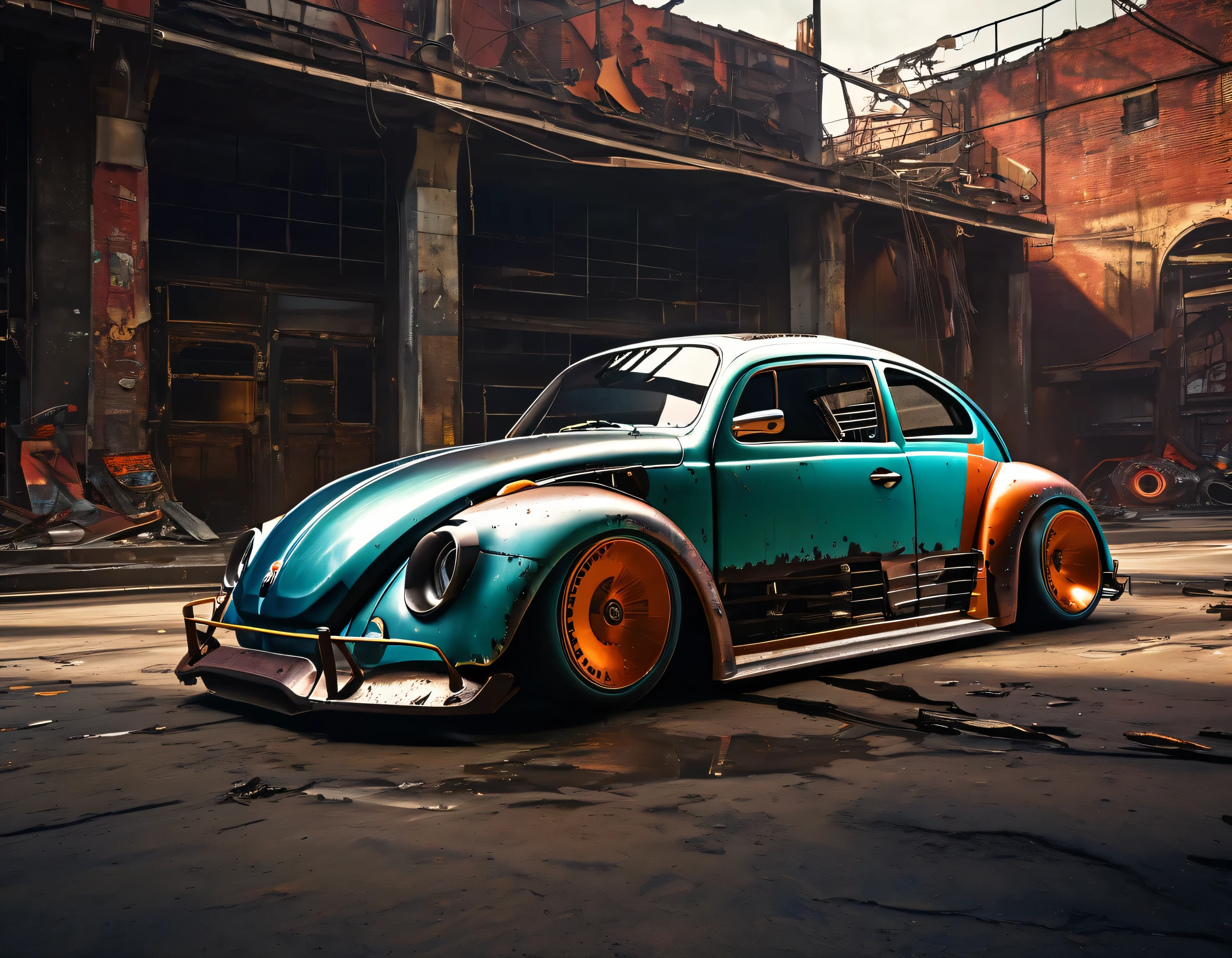 (best quality,4k,highres,masterpiece:1.2),race muscle car "new beetle",ruins,sci-fi,futuristic, cinematic lighting, chiaroscuro,ray tracing,highly detailed, high-quality, mirai, color contrast, atmospheric, dystopian, urban, vibrant colors, shattered glass, dramatic shadows, decaying buildings, futuristic technology, dynamic composition, motion blur, urban decay, dynamic perspective, immersive atmosphere, post-apocalyptic, abandoned, reflections, moody, intense, mystery, advanced design, sleek lines, powerful engine, speed, danger, adrenaline rush