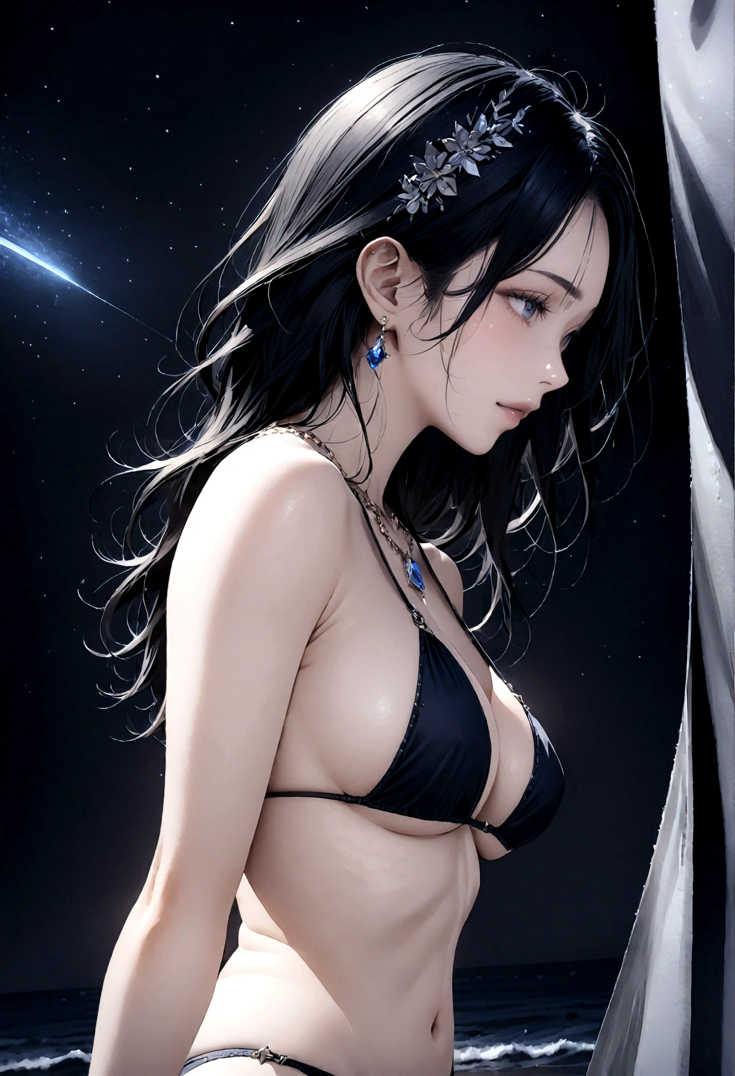 8k, masterpiece, RAW Photos, highest quality, Realistic, Very detailed, Depth of written boundary, Cinematic Light, Anatomically correct body,
(One beautiful elegant mature woman:1.5), Very beautiful face, Exquisitely detailed face, (A calm and gentle face:1.4), Very delicate skin texture, Transparent muscle, Shiny white skin, Glamorous Body,
(Wavy black long hair:1.2), Sexy Breasts, Sexy ass,
(Brazilian Bikini:1.4), (Detailed cloth texture:1.2), (Body chain accessory with detailed jewel studded embellishments:1.3), (Gorgeous necklace:1.1), (Gorgeous earrings:1.1),
(Dark starry background:1.4), (Milky Way:1.1), (milky way:1.1), (shooting star:1.1), (Dark coastline at night:1.4), (Pitch black sea surface:1.4),
(Standing on the beach:1.2),
(Low angle shot:1.8),