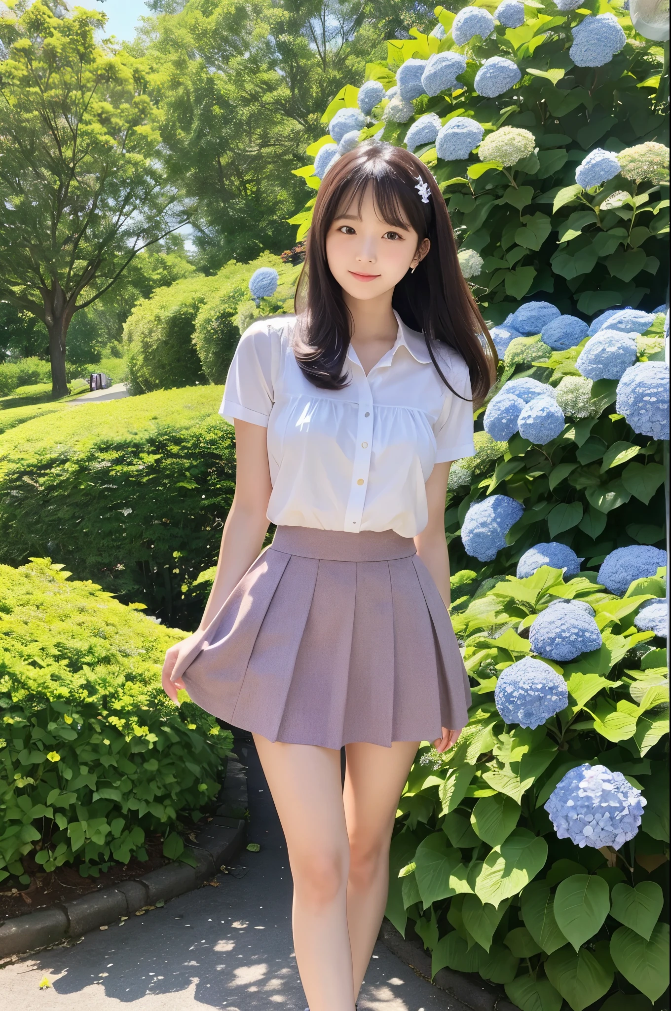 A cute 20-year-old girl standing in a park with hydrangeas in bloom(mini skirt)