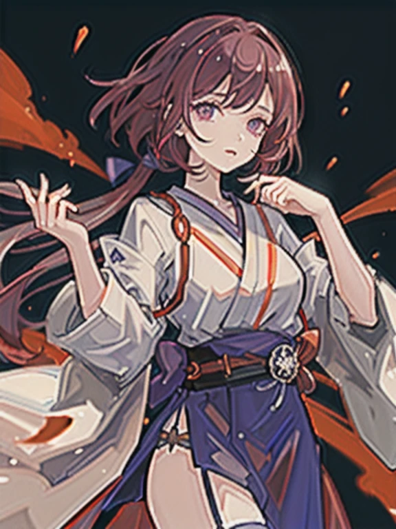 ((masterpiece, highest quality)), One girl, expensive, Cute young woman, Reddish purple hair, White shirt, gown, Black belt with garters, Body and face close-up, Painted eyes and hands, Traditional clothing of Japan