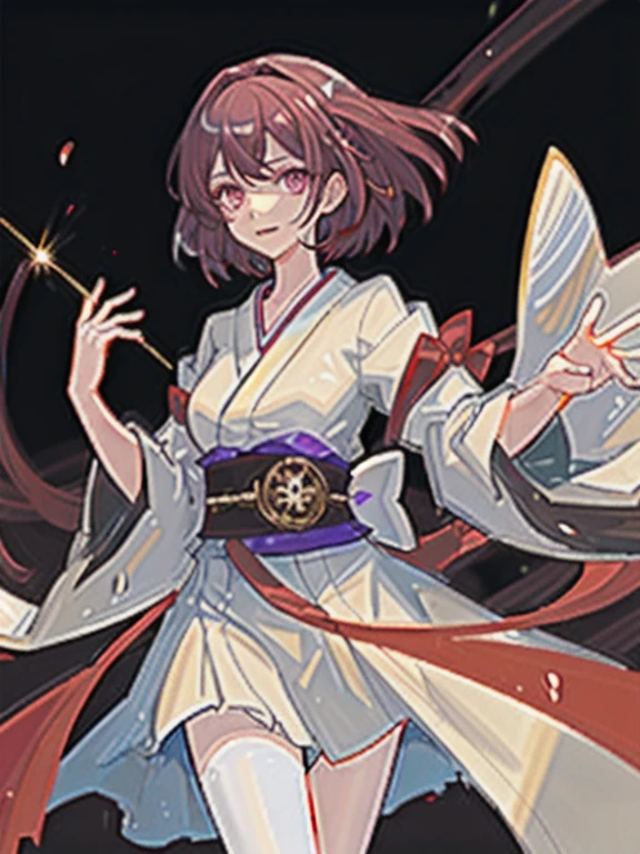 ((masterpiece, highest quality)), One girl, expensive, Cute young woman, Reddish purple hair, White shirt, gown, Black belt with garters, Body and face close-up, Painted eyes and hands, Traditional clothing of Japan