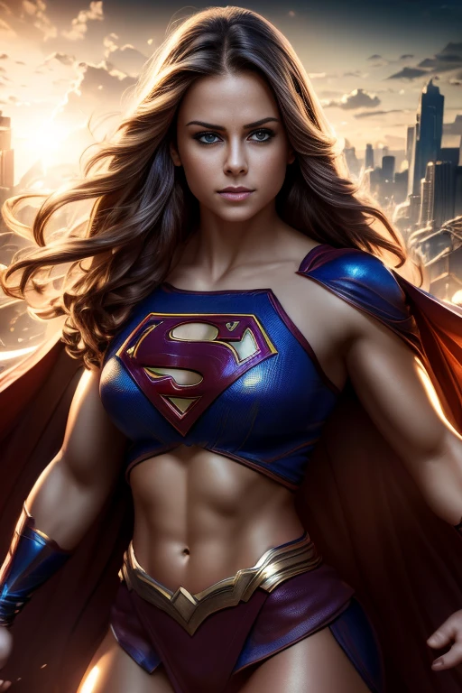 a supergirl, beautiful detailed eyes, beautiful detailed lips, extremely detailed eyes and face, long eyelashes, cinematic lighting, 8k, best quality, masterpiece, photorealistic, dynamic action pose, muscular female physique, tight fitting superhero costume, cape flowing in the wind, epic cityscape background, dramatic shadows, glowing energy effects, saturated vivid colors, digital art, concept art