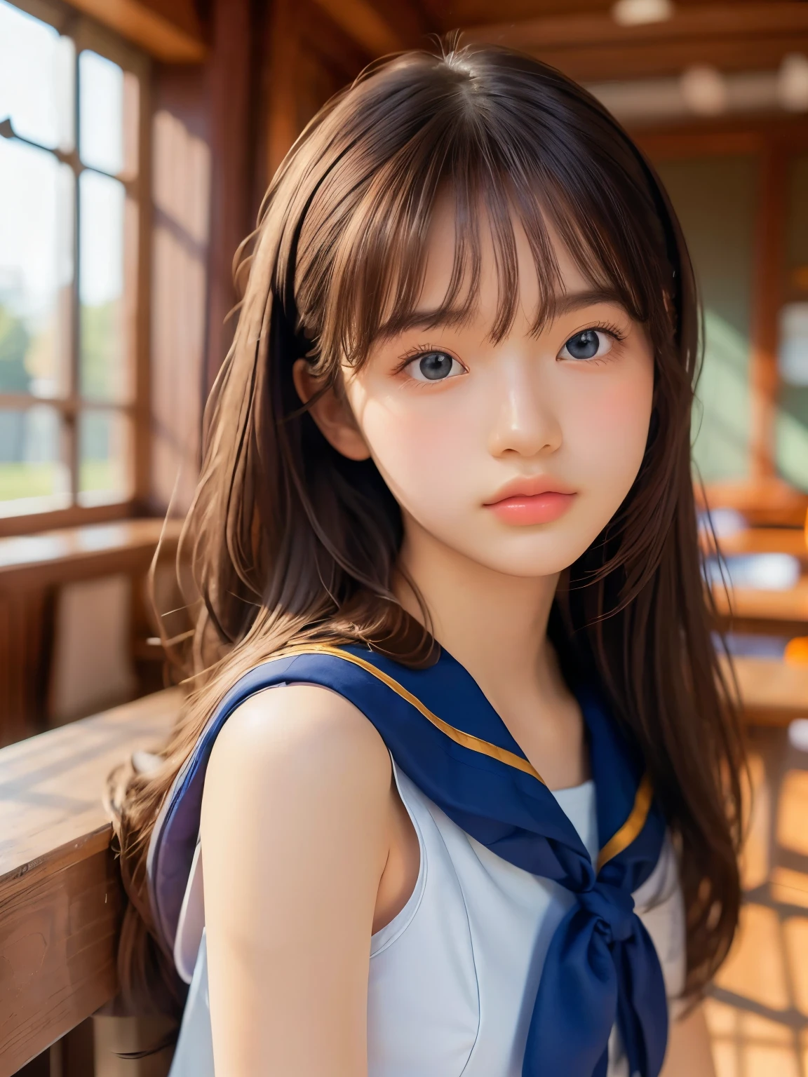 ((masterpiece, highest quality, High resolution)), 1 girl, (Realistic: 1.4), Beautiful face, Beautiful Hair, Beautiful eyes, Glowing Skin, ************, Sailor suit, classroom, Sit on a desk, Side angle, sunshine, Backlight, Professional photographer photography