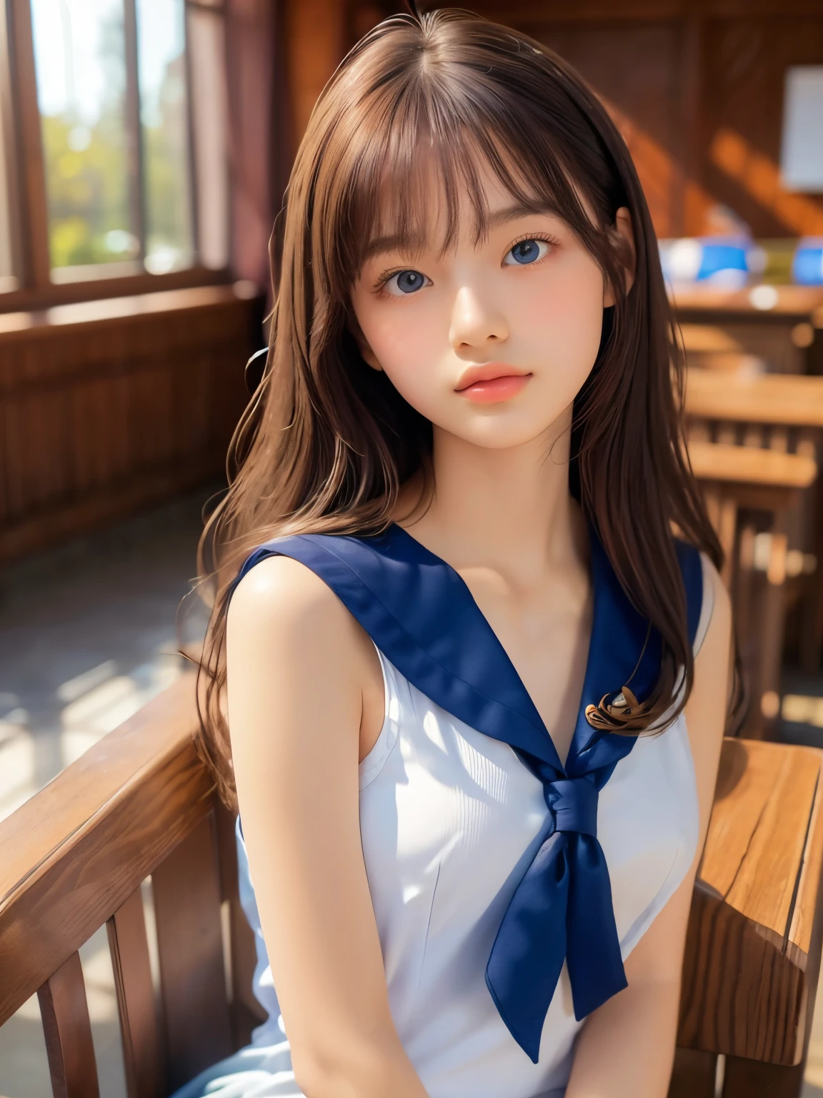 ((masterpiece, highest quality, High resolution)), 1 girl, (Realistic: 1.4), Beautiful face, Beautiful Hair, Beautiful eyes, Glowing Skin, , Sailor suit, classroom, Sit on a desk, Side angle, sunshine, Backlight, Professional photographer photography